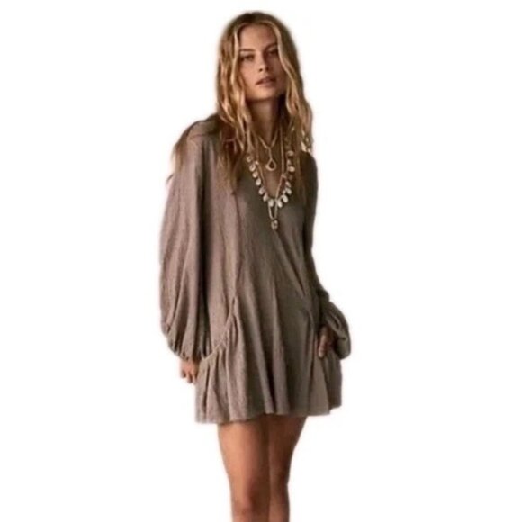 Free People Dresses & Skirts - Free People FP Beach Bayside Mini Dress M Brown  Boho Hippie Peasant Top Tunic
